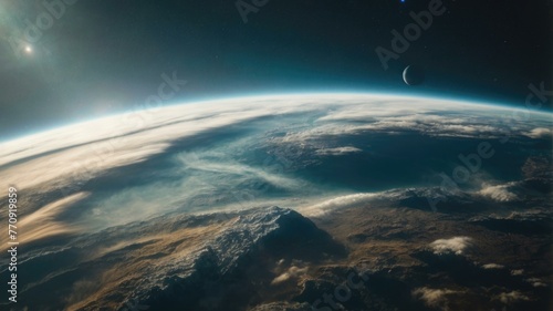 A view of the earth from space with a crescent moon. Generative AI.