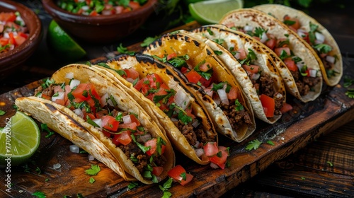 A plate of tacos with a variety of toppings including tomatoes, onions, and cilantro. The tacos are arranged on a wooden cutting board and are ready to be eaten