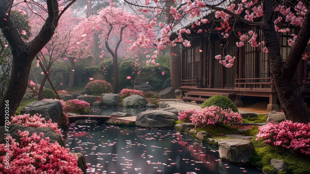 A beautiful garden with a pond and cherry blossoms. The pond is surrounded by rocks and the cherry blossoms are in full bloom. The garden is peaceful and serene, with a sense of tranquility - obrazy, fototapety, plakaty 