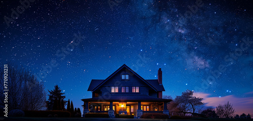 The deep tranquility of a suburban night, a dark slate Craftsman style house under the wide starry sky, quiet and undisturbed, lit softly by moonlight