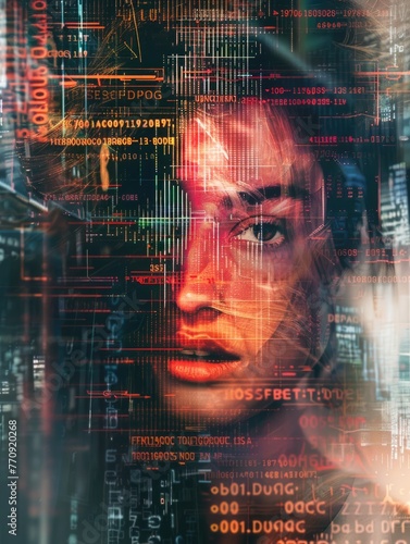 Futuristic Conceptual Portrait of Woman with Vibrant Digital Code Overlay