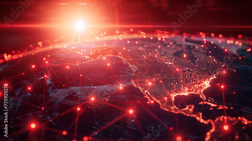 Global communication network concept  The planet earth at night with node connection  Business expansion worldwide background with red background
