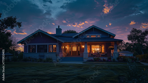 The silent watch of night over a soft purple Craftsman style house, suburban landscape calm and undisturbed, a serene closure to the day, peaceful and still photo