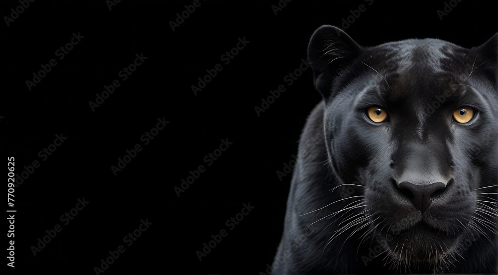 Front view of a Black Panther on black isolated background, Wild animals banner with copy space, textured, 