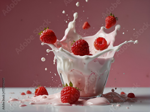Raspberries and strawberries in cream, splashes of milk © A_A88