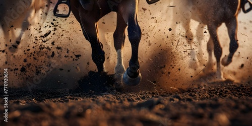 Capturing the Competitive Spirit: Horses Kicking Up Dust in a Rodeo Arena. Concept Wild West, Rodeo Competition, Powerful Horses, Dusty Arena, Action Shots