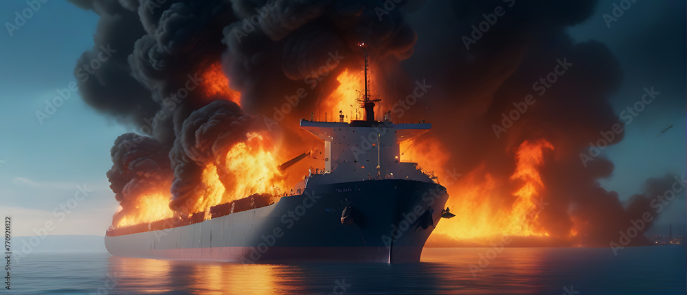 Fototapeta premium A Large Cargo ship on fire, had a lot of fire and smoke in the middle of sea, pollution