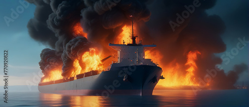 A Large Cargo ship on fire, had a lot of fire and smoke in the middle of sea, pollution