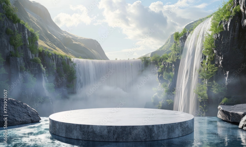 Empty Round Podium in the Middle of Waterfall Valley Background with Copy Space. A Stage Amidst Waterfall Valley Empty Round Podium in the Middle of Waterfall Valley Background with Copy Space. A Stage Amidst Waterfall Valley