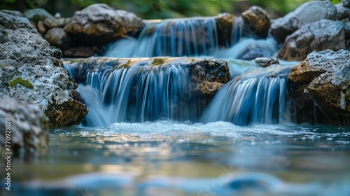 A waterfall with a stream of water flowing down it. The water is clear and the rocks surrounding it are grey