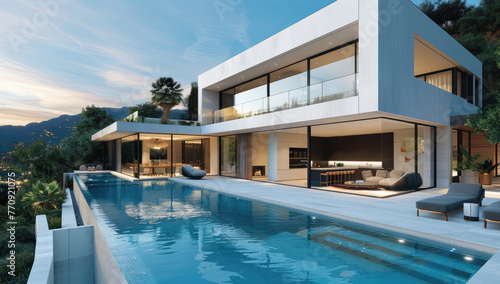 Modern villa with infinity pool and mountain view, real estate photography, ultra realistic. Created with Ai © Image Innovate