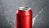 Red aluminum can mockup with dynamic water splash. Beer or soda drink package. Refreshing beverage.