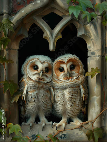 Two owls standing on a medieval window.
