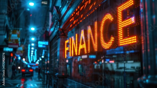 Vibrant Neon Finance Sign Illuminating the City Streets © Miodrag