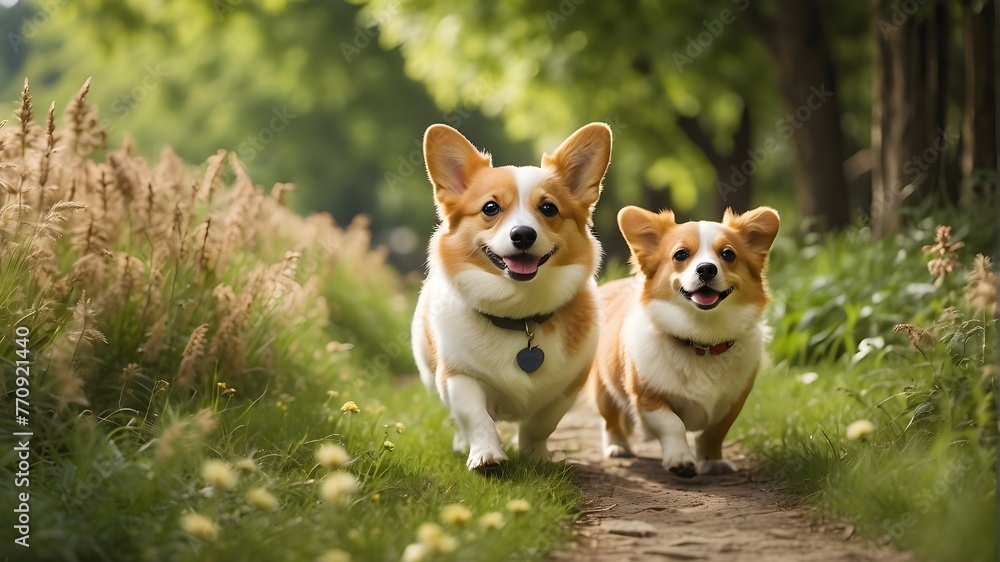 A corgi dog and his fluffy companions stroll down the summer path's verdant grass.