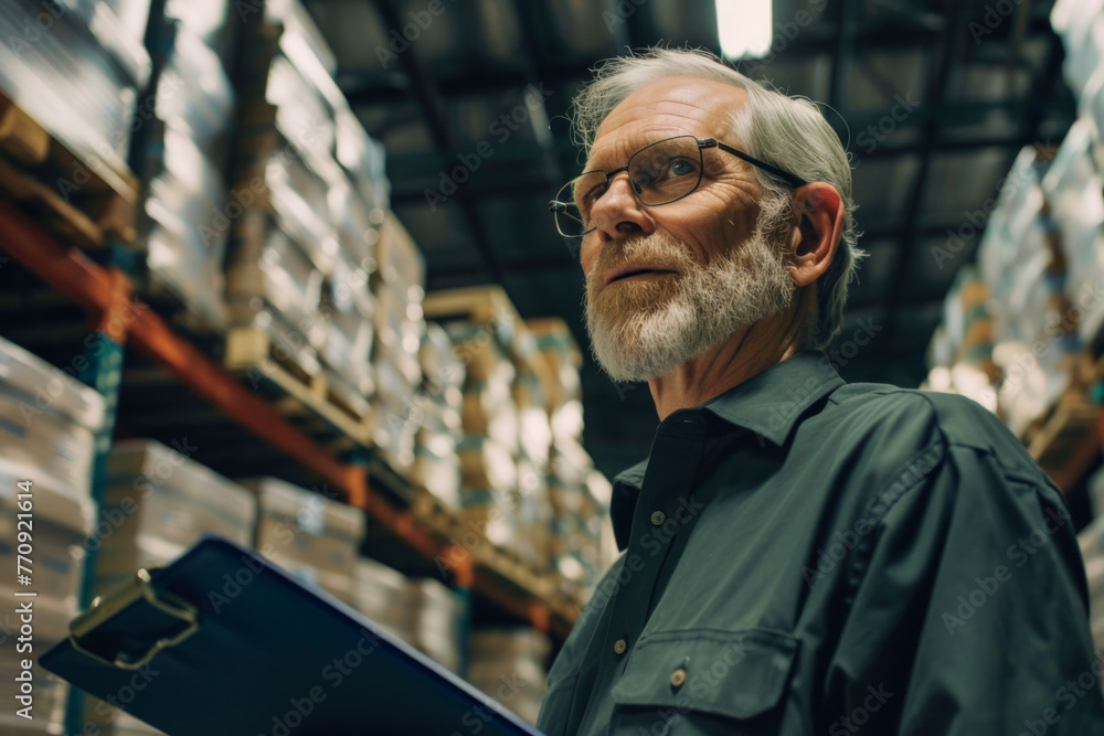 Mature male warehouse worker holding clipboard in warehouse. This is a freight transportation and distribution warehouse. Industrial and industrial workers concept
Mature male warehouse worker holding clipboard in warehouse. This is a freight transportation and distribution warehouse. Industrial and industrial workers concept