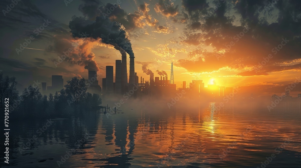 A city skyline is reflected in the water, with a large factory in the background. The sky is orange and the sun is setting, creating a moody atmosphere