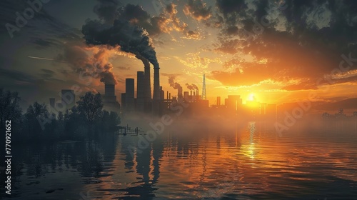 A city skyline is reflected in the water  with a large factory in the background. The sky is orange and the sun is setting  creating a moody atmosphere