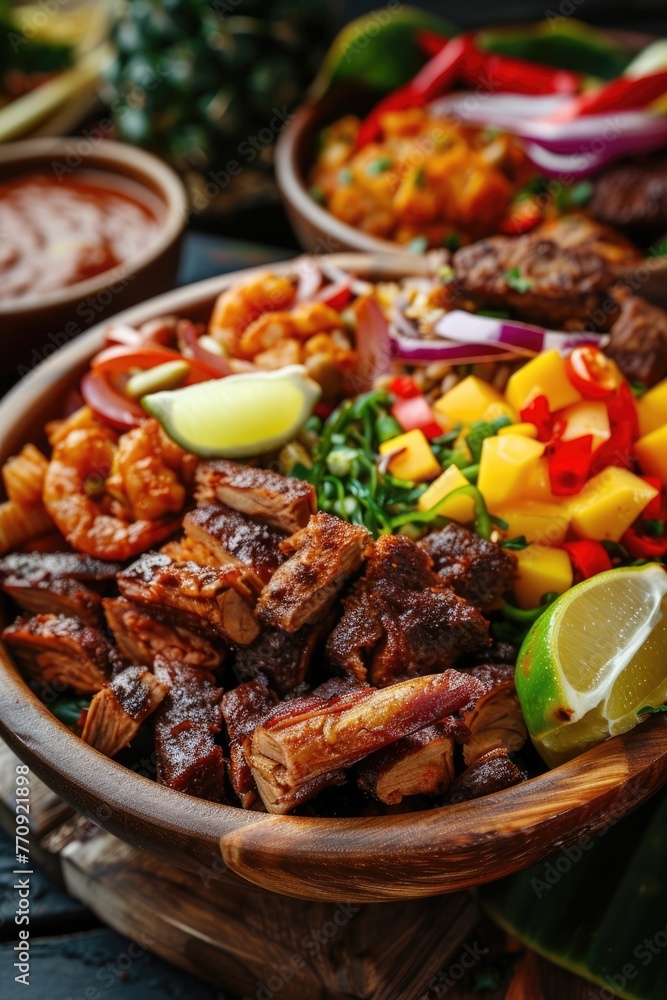 vertical banner, celebration of Jamaica's Independence Day, traditional Jamaican dishes, national cuisine vertical banner, celebration of Jamaica's Independence Day, traditional Jamaican dishes, national cuisine