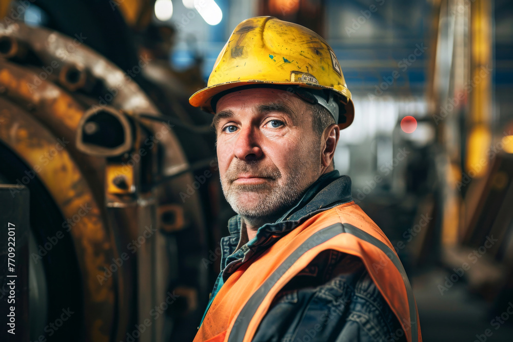 Portrait of a mature male worker in a heavy industry factory.
Portrait of a mature male worker in a heavy industry factory.
