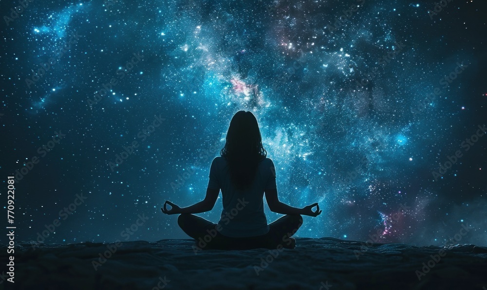 Tranquility: Woman meditates amid cosmic starry sky