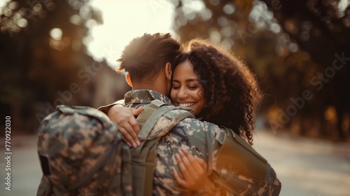 Depressed woman hugging her husband embraces a military man before leaving on war
