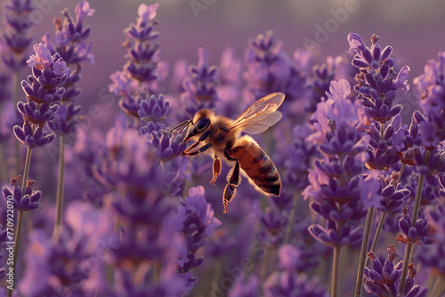 A sprawling lavender field in full bloom  the air alive with the gentle hum of bees as they flit from flower to flower.
