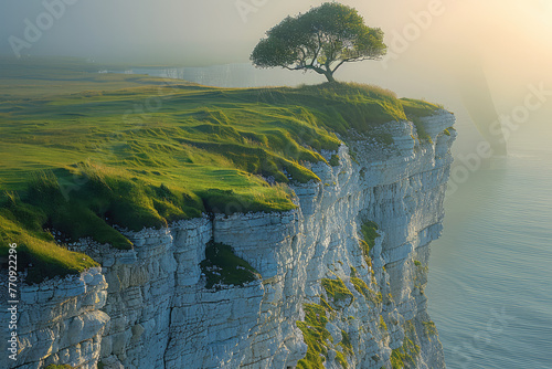 White cliffs of dover with green grassy hills, a tree on top of the cliff, aerial view. Created with Ai