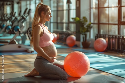 Young pregnant woman with fitball doing pilates in gym