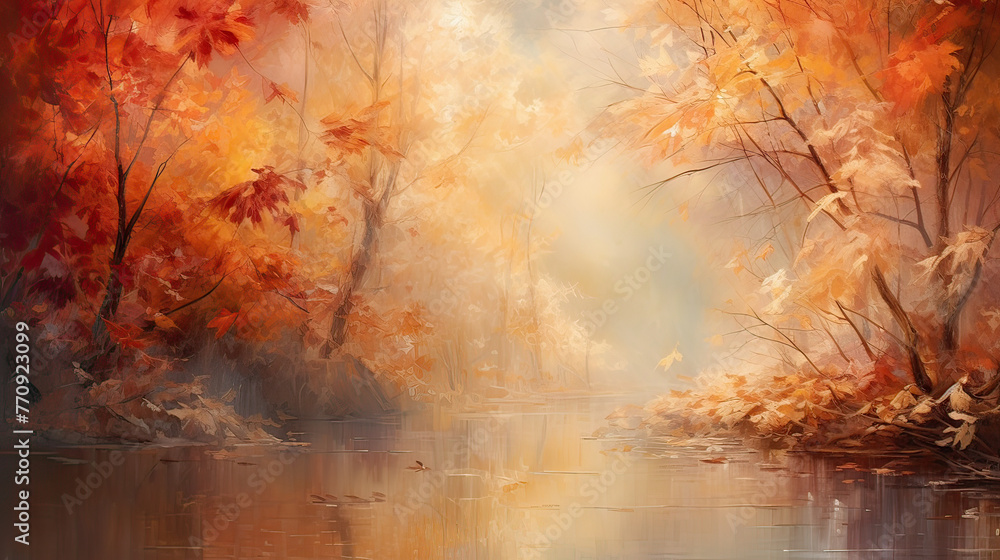 An autumnal scene with leaves in shades of red, orange, and yellow, gently falling against a soft, blurred forest backdrop Ai Generative