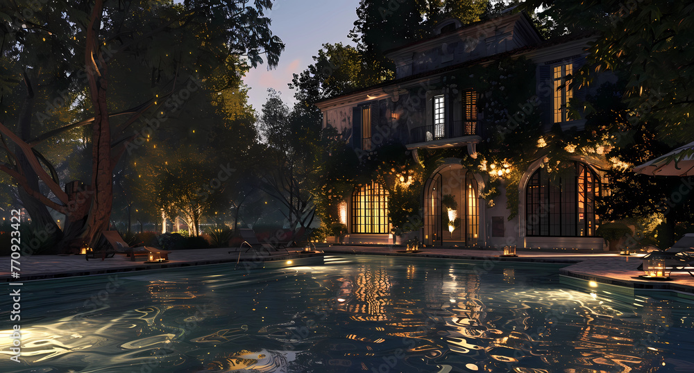 A luxurious poolside setting with the glow of candlelight illuminating an elegant home