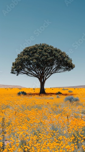 Lone Tree on Grassy Hill Under Blue Sky