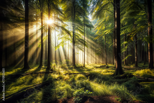 Sunlight Beams Through Green Forest - Tranquil Nature Landscape with Sun Rays