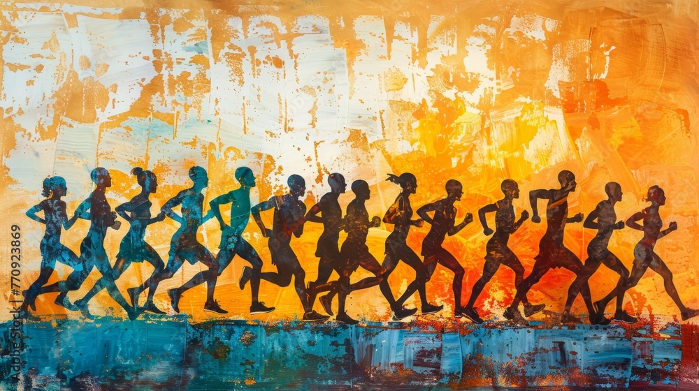 Obraz premium A painting of a group of people running in a line. The painting is in shades of blue and orange