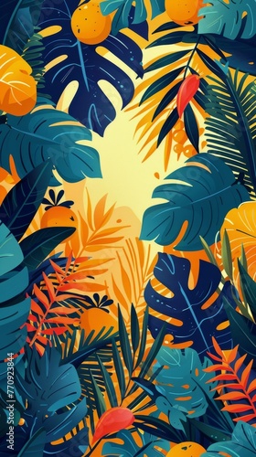 Tropical Leaves and Oranges on Blue Background