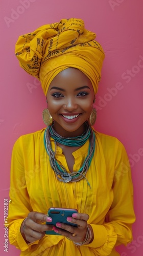 Woman in Yellow Outfit Holding Cell Phone