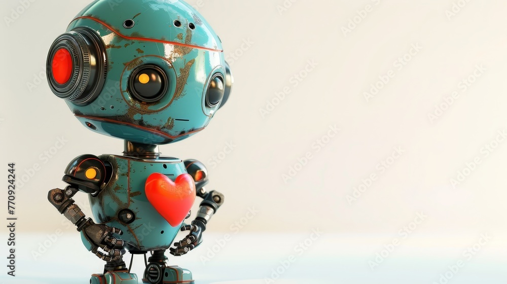 A robot with a heart on its chest. The robot is standing on a white background. The robot is made of metal and has a creepy appearance A robot with a heart on its chest. The robot is standing on a white background. The robot is made of metal and has a creepy appearance