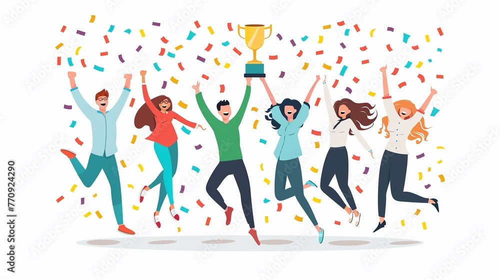 Illustration of a jubilant business team leaping in unison, trophy held high amidst a shower of confetti, symbolizing collective achievement, isolated on white Illustration of a jubilant business team leaping in unison, trophy held high amidst a shower of confetti, symbolizing collective achievement, isolated on white