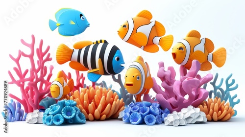 A group of colorful fish swimming in a coral reef. The fish are orange and blue, and they are all different sizes. The scene is lively and full of energy, with the fish darting around