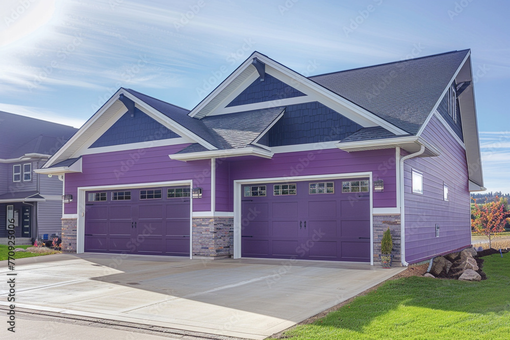 Newly built luxury home, modern style, boasting a two-car garage, encased in vibrant violet siding and enhanced with natural stone wall trim. - obrazy, fototapety, plakaty 
