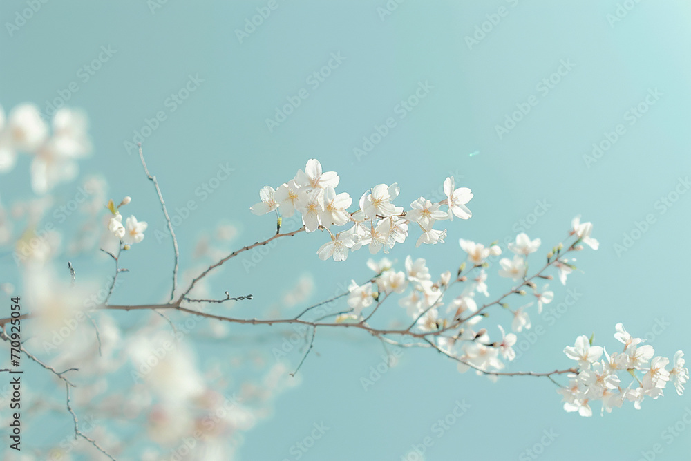 Delicate cherry blossoms adorning slender branches against a clear blue sky, their petals dancing in the gentle spring wind.