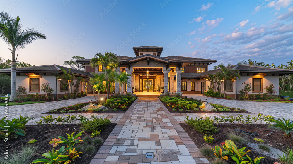 Radiant and spacious luxury home front with vibrant landscaping, leading to a grand covered entrance, captured in late afternoon light.