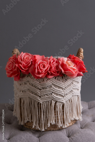 basket with macrame and roses

