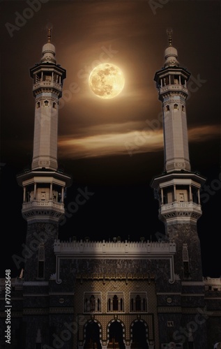 Minarets of the Kaaba, the holy temple of Muslims. Mecca, Saudi Arabia