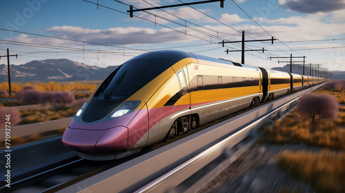 Bullet Train With Pink and Yellow Design Livery Going At Full Speed In France