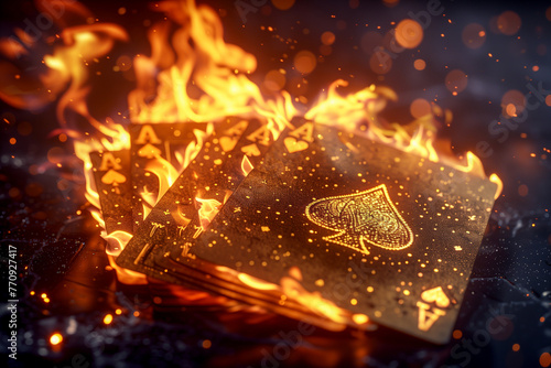 Playing cards with ace of spades burning and embers flying on a dark background with bokeh