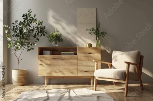 Design an elegant wooden cabinet for the living room with floating shelves, a neutral color palette and natural wood material