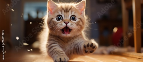 A small to mediumsized cat, part of the Felidae family, with fawn fur and whiskers, is sitting on a wooden floor with its mouth open, a typical gesture of a domestic shorthaired cat photo