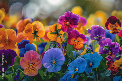Vibrant pansies in a riot of colors, their cheerful faces turned towards the sun in a display of radiant beauty.