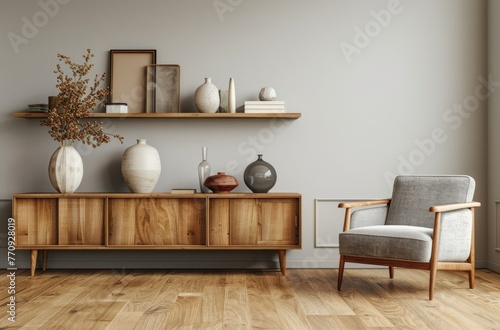 Design an interior of the living room with wooden shelves and cabinet furniture, featuring light gray walls, wooden flooring, grey armchair, vases on shelf unit, and natural lighting